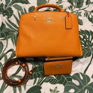 Used Orange Coach Mini Bag w/ Strap and Matching Wallet